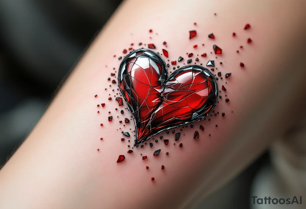 A shattered glass heart in deep red and silver, with tiny shards floating around, representing fragility and loss. tattoo idea