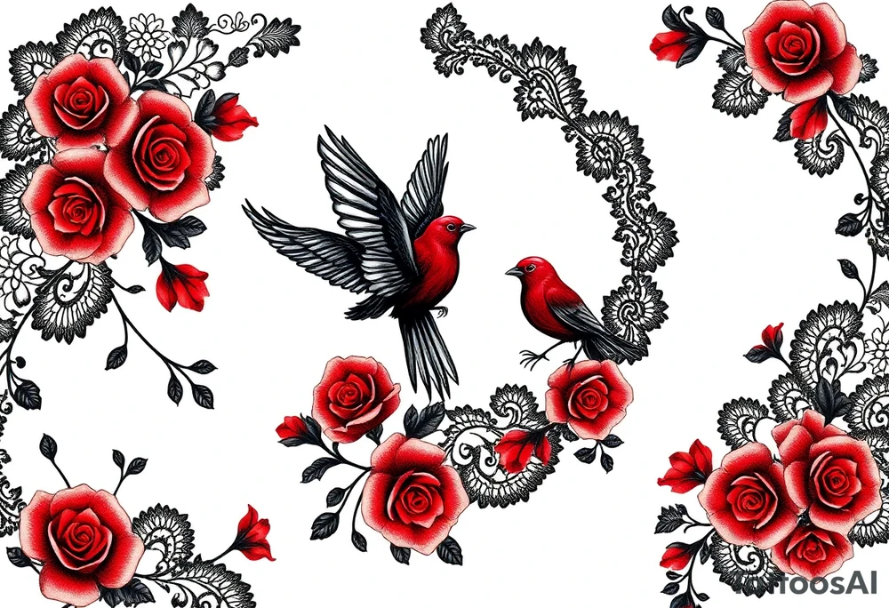Vintage black lace, red roses, red birds, vintage, wrap around, tighter together, no space open tattoo idea