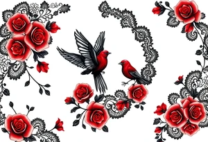 Vintage black lace, red roses, red birds, vintage, wrap around, tighter together, no space open tattoo idea