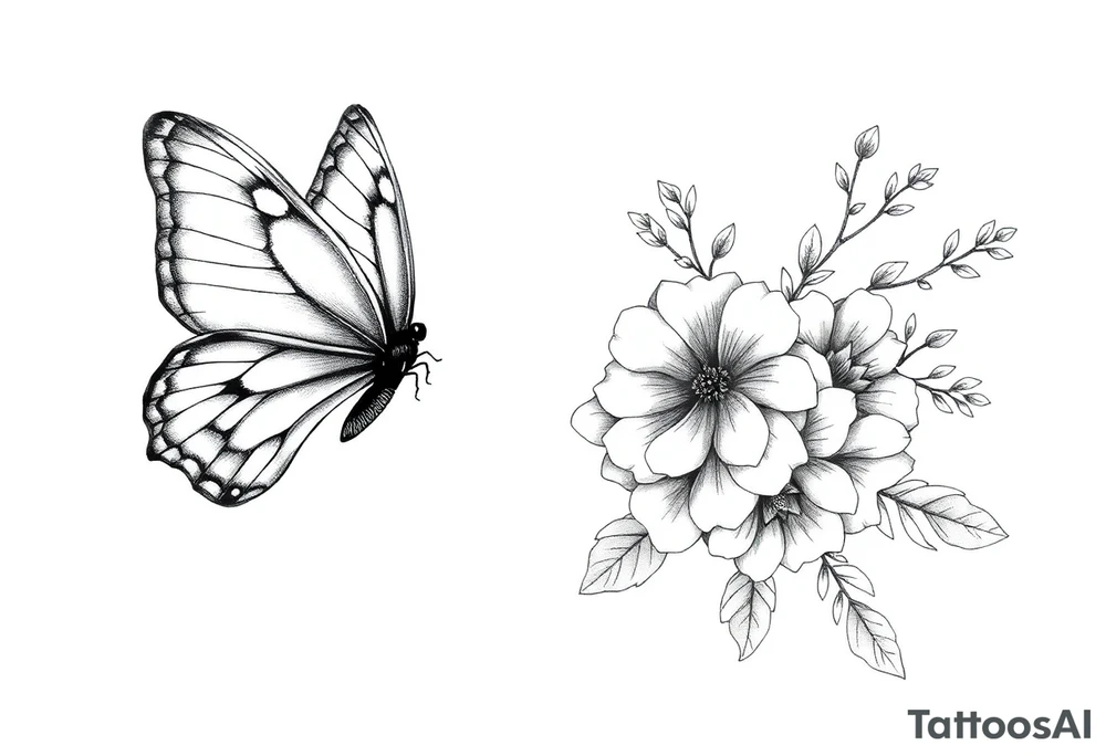 Butterfly left half real right half floral tattoo idea
