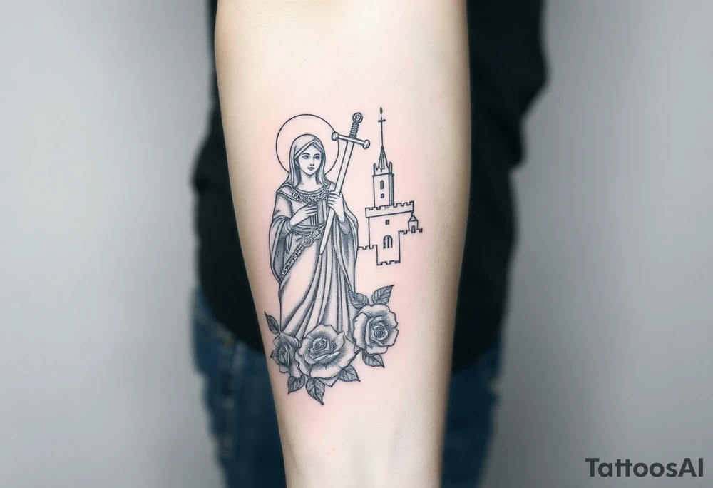 Saint Barbara carrying a sword detailed with a castle tower in the background, and roses tattoo idea