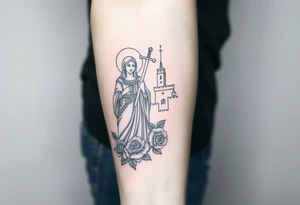 Saint Barbara carrying a sword detailed with a castle tower in the background, and roses tattoo idea