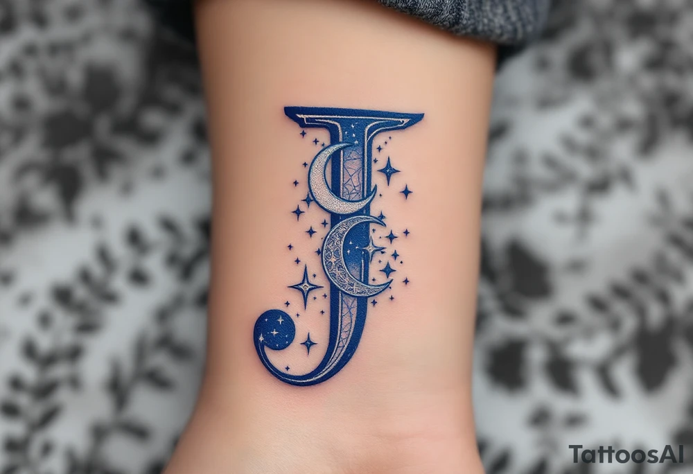 Celestial-themed "J" in midnight blue with silver crescent moons and stars. tattoo idea