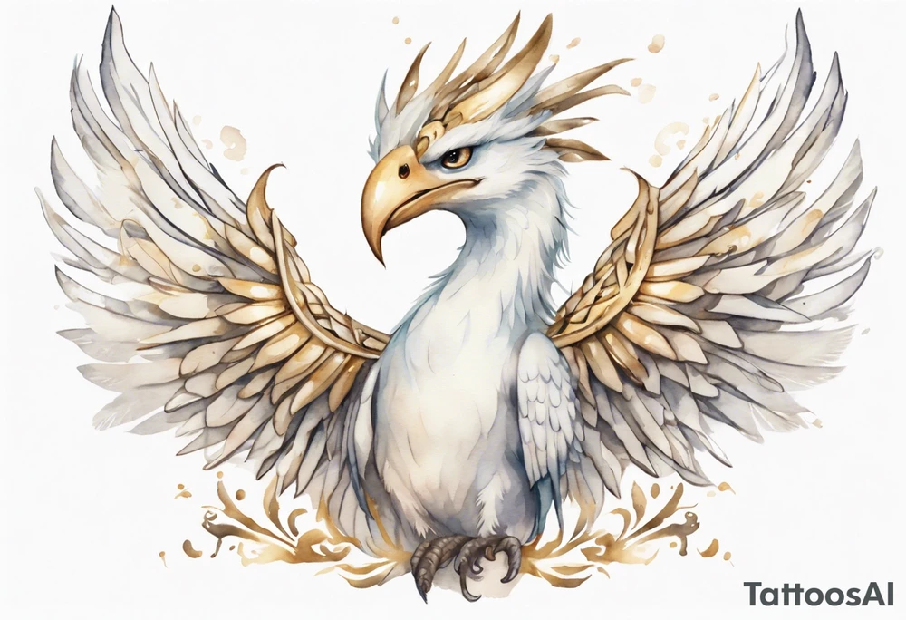 a watercolor of a white bird-serpent hybrid wearing a plain crown, with light gold wing feathers tattoo idea