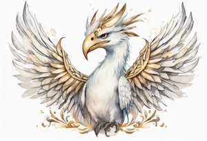 a watercolor of a white bird-serpent hybrid wearing a plain crown, with light gold wing feathers tattoo idea