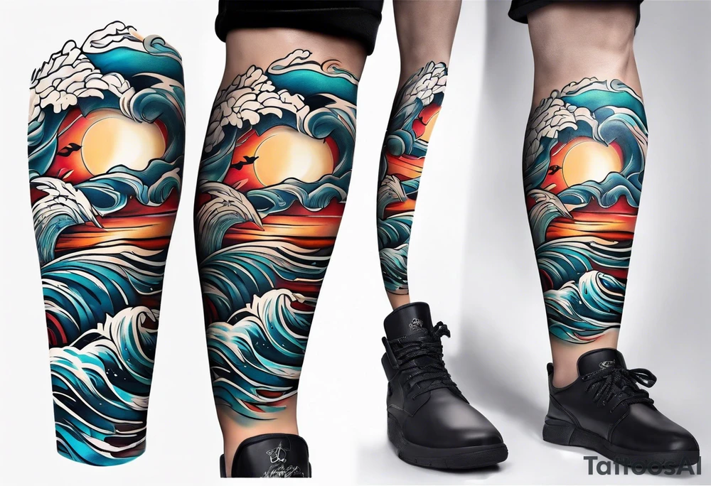 lower leg sleeve with ocean waves tattoo idea