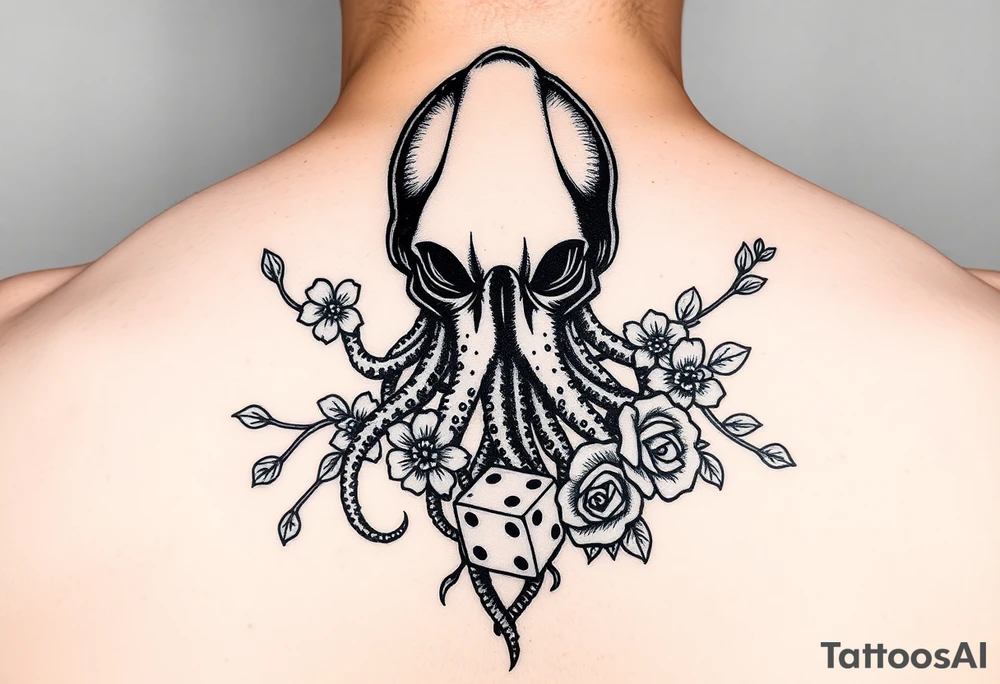 squid helmet combined with tree roots, cherry blossoms and roses rolling dice tattoo idea