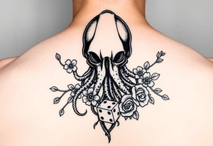 squid helmet combined with tree roots, cherry blossoms and roses rolling dice tattoo idea