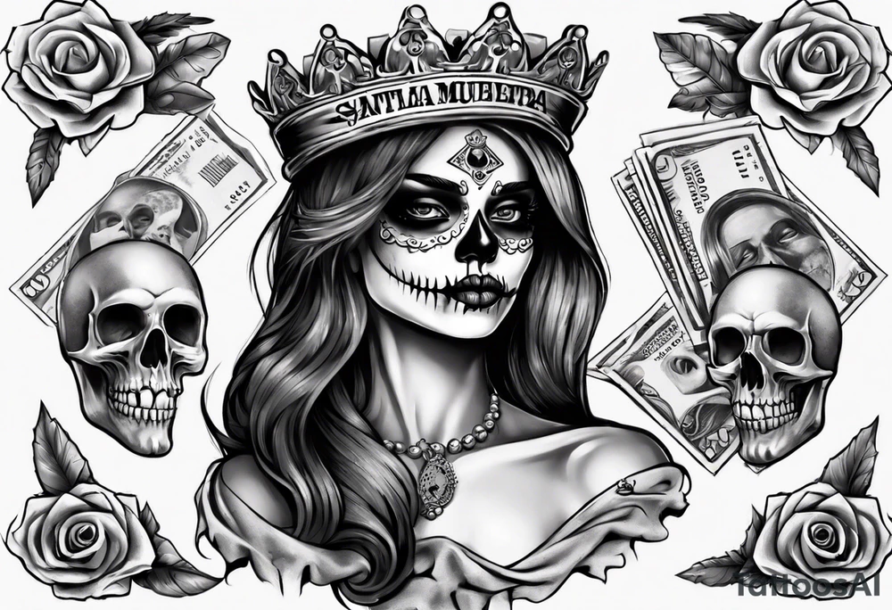 santa la muerta with money and crown
on the card tattoo idea