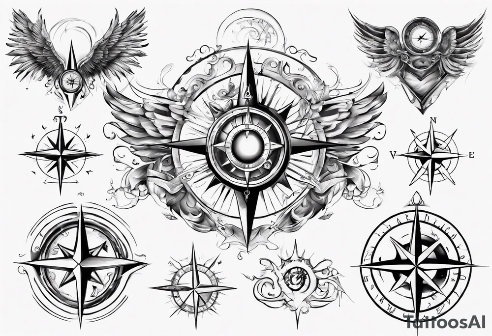 Chest tatoo abstraction with sun and letters and compass and angels tattoo idea