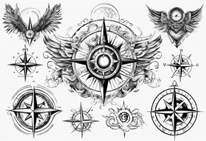 Chest tatoo abstraction with sun and letters and compass and angels tattoo idea