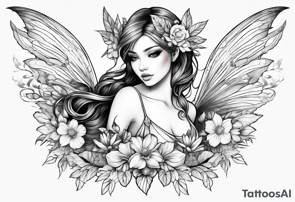 Flying Fairy with flowers, including arms and legs tattoo idea