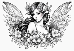 Flying Fairy with flowers, including arms and legs tattoo idea