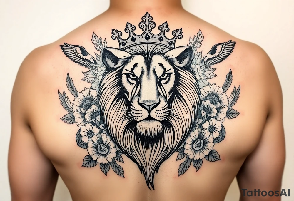 powerful majestic lion with a crown, surrounded by floral ornaments and birds tattoo idea