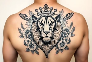 powerful majestic lion with a crown, surrounded by floral ornaments and birds tattoo idea