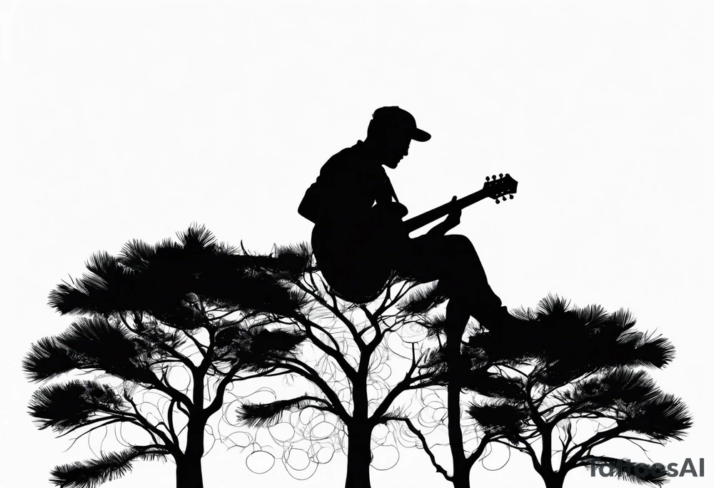 silhouette of a man sitting in a pine tree playing electric guitar tattoo idea