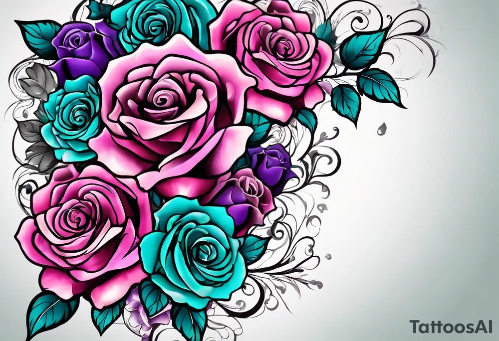 Dad 05-22-50 to 06-07-14, roses, teal, pink, purple tattoo idea