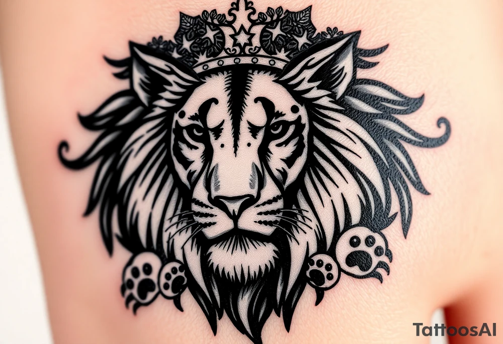 powerful goregous
 lioness with a crown, surrounded by cub prints tattoo idea