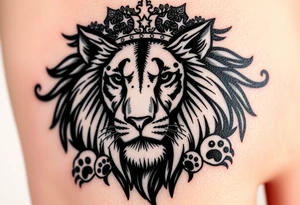 powerful goregous
 lioness with a crown, surrounded by cub prints tattoo idea