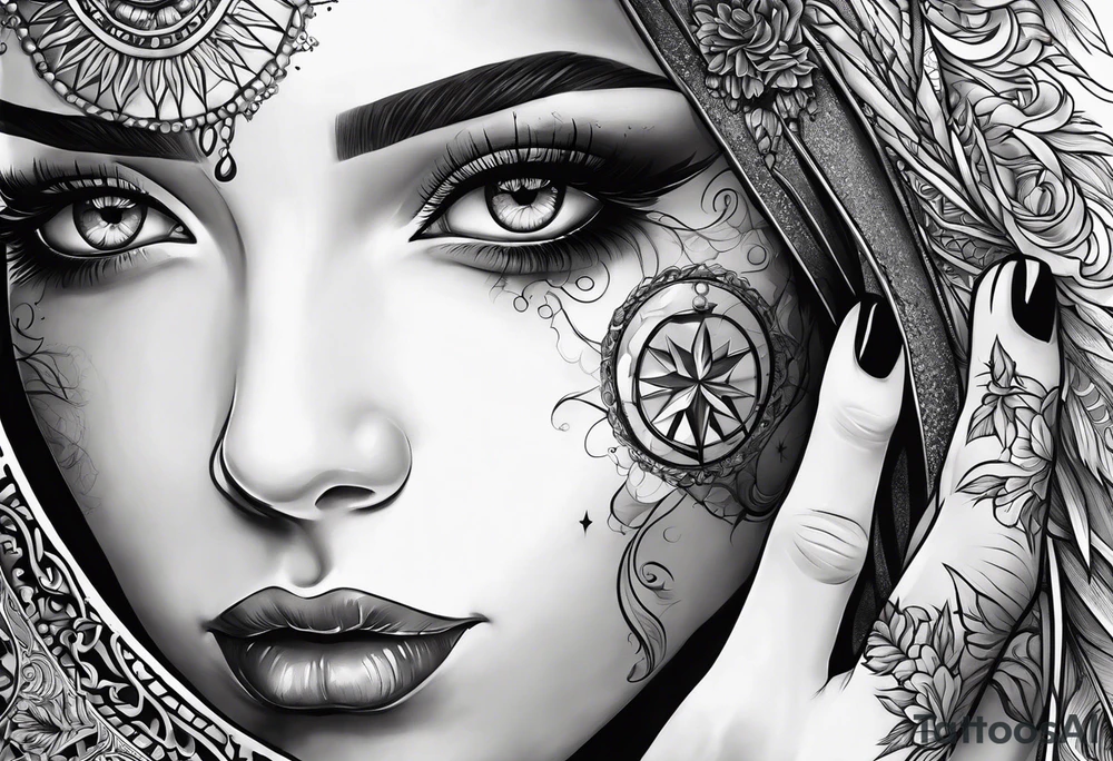 Scarefull woman is closing one of her eye with fingers tattoo idea