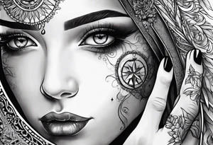 Scarefull woman is closing one of her eye with fingers tattoo idea