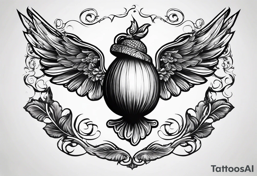 Flying acorn with wings tattoo idea