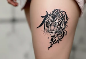 Character 力 (lì, “strength”) in dark gray pairs with a tiger to emphasize inner and outer power. tattoo idea