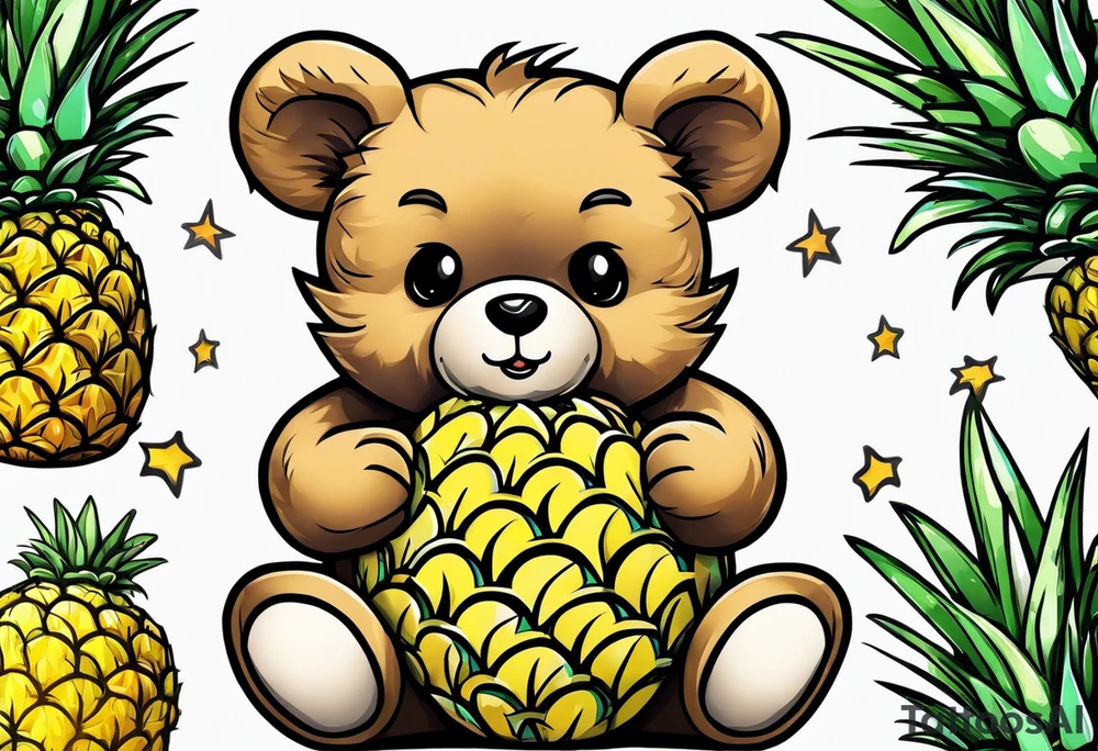 Teddy bear hugging pineapple tattoo idea