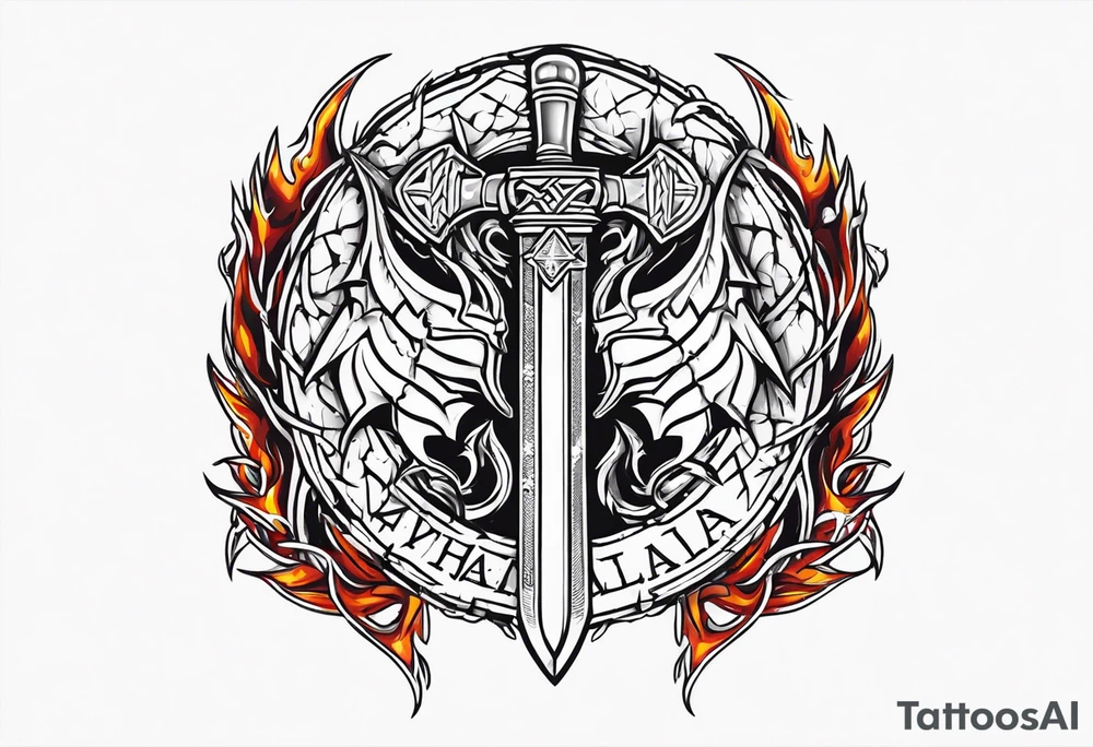 Valhalla sword shield dragon axe Valknut barbed wire chains fire tattoo idea Valhalla sword shield dragon axe Valknut barbed wire chains fire tattoo idea