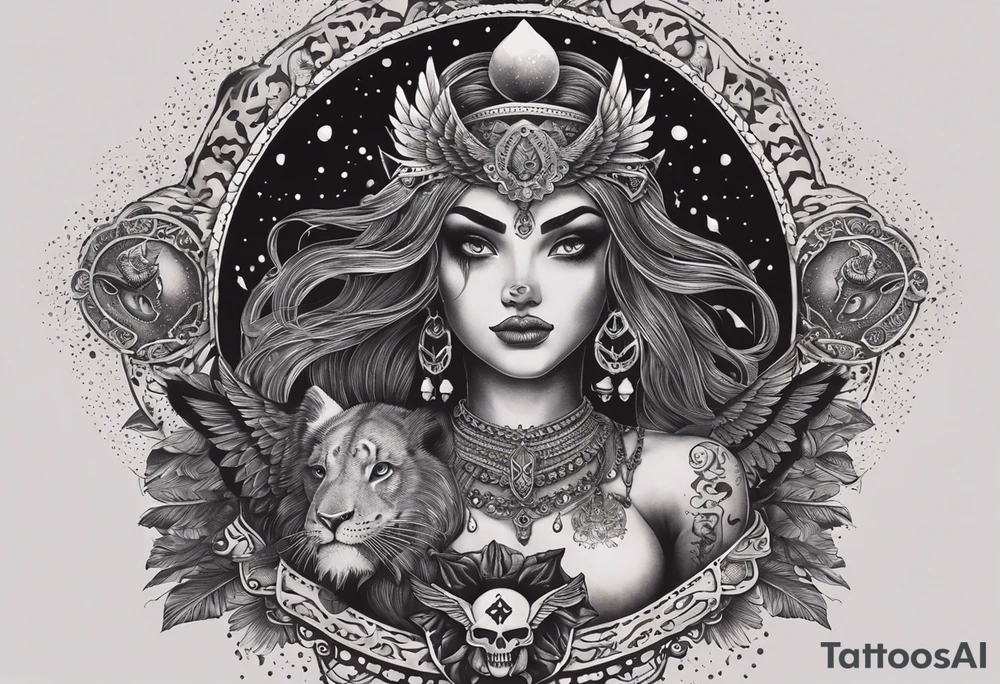 black kali, goddess pirate, alien, angel, pachamama, valkrye, warrior, flying, skull, lotus azul, wing, eagle, zenza resonance, stars, 5D, anahata chakra, death, durga, riding on a tiger, flying lady, chest tatoo tattoo idea