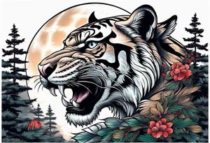 Flying tiger underneath a full moon in a forest tattoo idea
