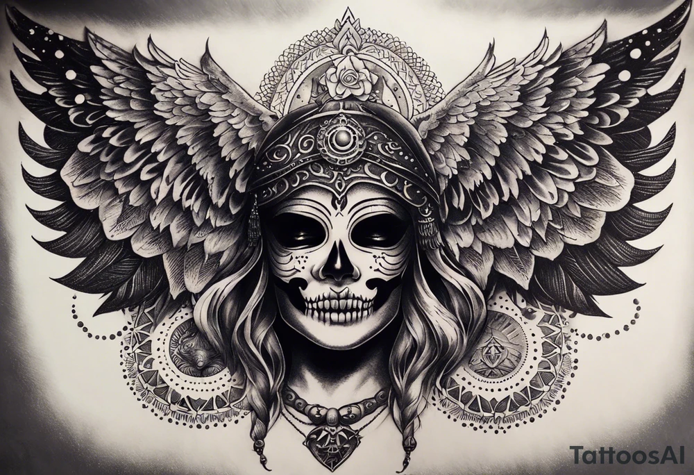 black kali, goddess pirate, alien, angel, pachamama, valkrye, warrior, flying, skull, lotus azul, wing, eagle, zenza resonance, stars, 5D, anahata chakra, death, durga, riding on a tiger, flying lady, chest tatoo tattoo idea