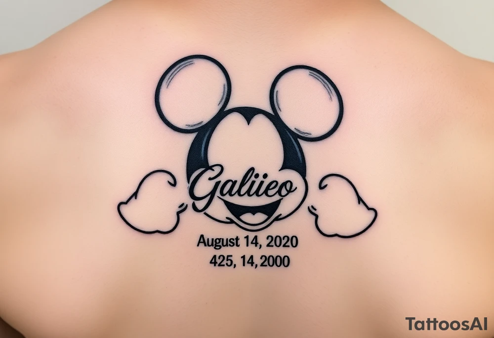 mickey mouse symbol with the name Galileo and the date August 14,2020, incorporated tattoo idea