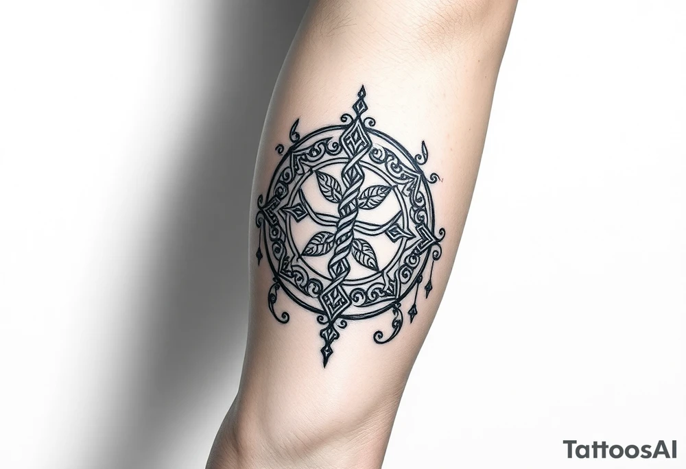 An armband tattoo combining Celtic traditional symbols and nature, the tattoo needs to circle the bicep and tricep on the arm tattoo idea