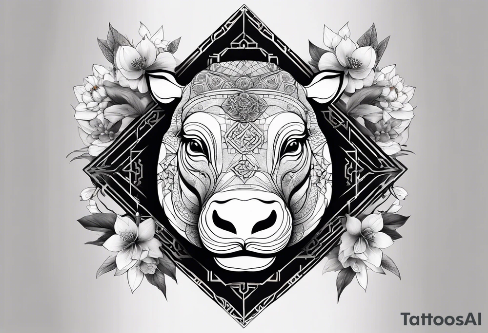 Very asymmetrical, +geometric pattern, with realistic full moon, with serious looking hippo, +zen feel, + Buddhism touch, +tribal, +geometric, +chinese inkart 
with wintersweet flower bud, +portrait orientation, +inkart touch, tattoo idea