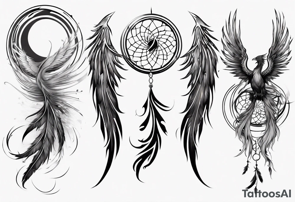 Vertical angry flying Phoenix with wings blending into circles and a long abstract dream catcher feather tail tattoo idea
