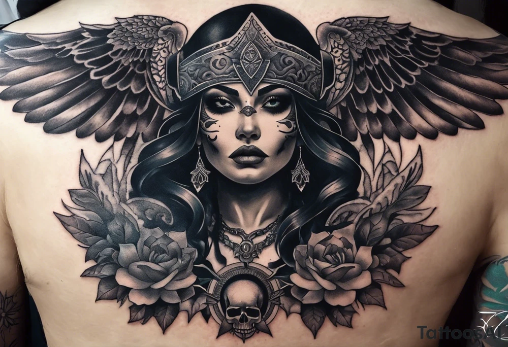 black kali, goddess pirate, alien, angel, pachamama, valkrye, warrior, flying, skull, lotus azul, wing, eagle, zenza resonance, stars, 5D, anahata chakra, death, durga, riding on a tiger, flying lady, kundalini, chest tatoo, rebel tattoo idea