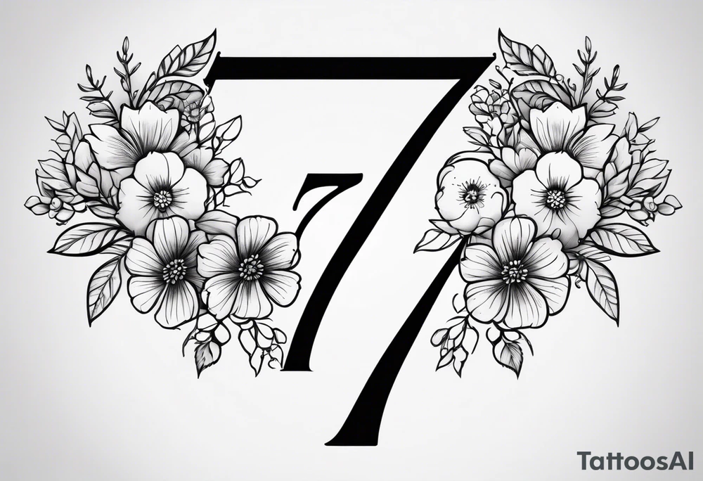 A tattoo in the shape of the number 7. The top horizontal line that forms the 7 is made of the word December. Across the 7 is the number 2024. Include flowers for the month of july and september tattoo idea