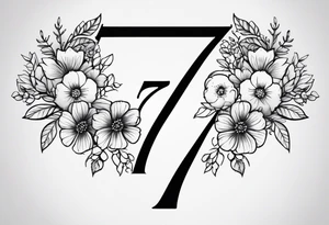 A tattoo in the shape of the number 7. The top horizontal line that forms the 7 is made of the word December. Across the 7 is the number 2024. Include flowers for the month of july and september tattoo idea