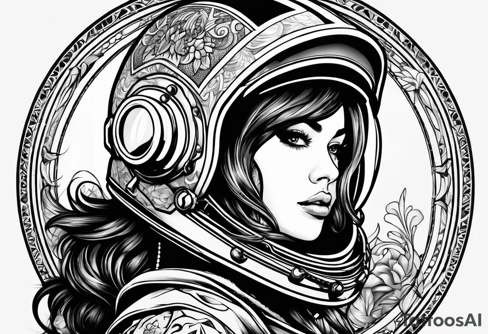 Dive helmet with female hair tattoo idea