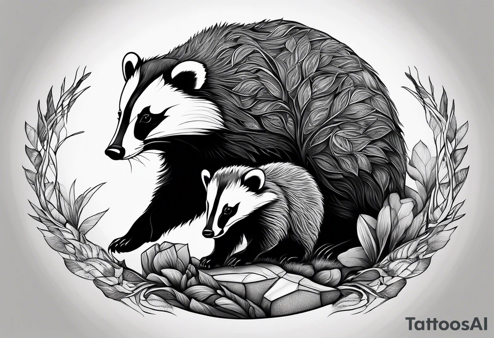 A badger with a cub in nature, realistic in center and getting more trippy towards the edges tattoo idea