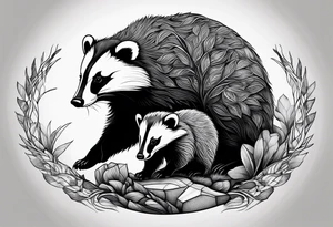 A badger with a cub in nature, realistic in center and getting more trippy towards the edges tattoo idea