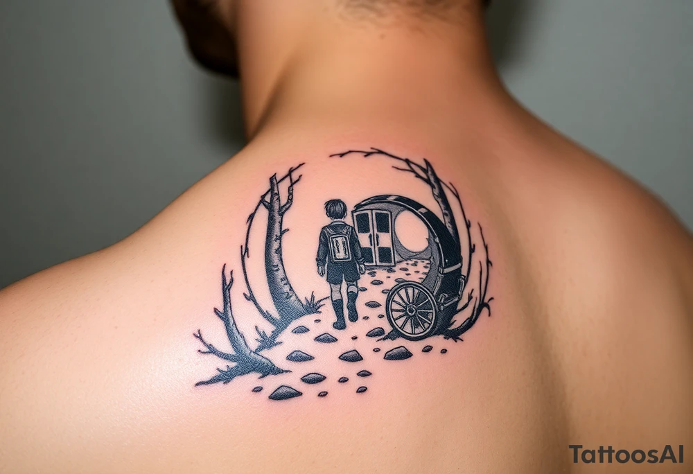 A boy walking up a forest path, DnD inspired, broken down carriage, tavern, glowing tunnel tattoo idea