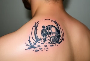 A boy walking up a forest path, DnD inspired, broken down carriage, tavern, glowing tunnel tattoo idea