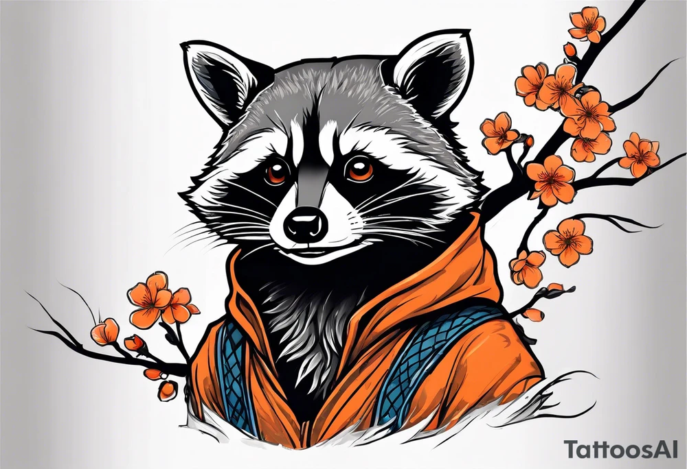 raccoon wearing a black and white Superman hoodie and orange Japanese cherry blossoms tattoo idea