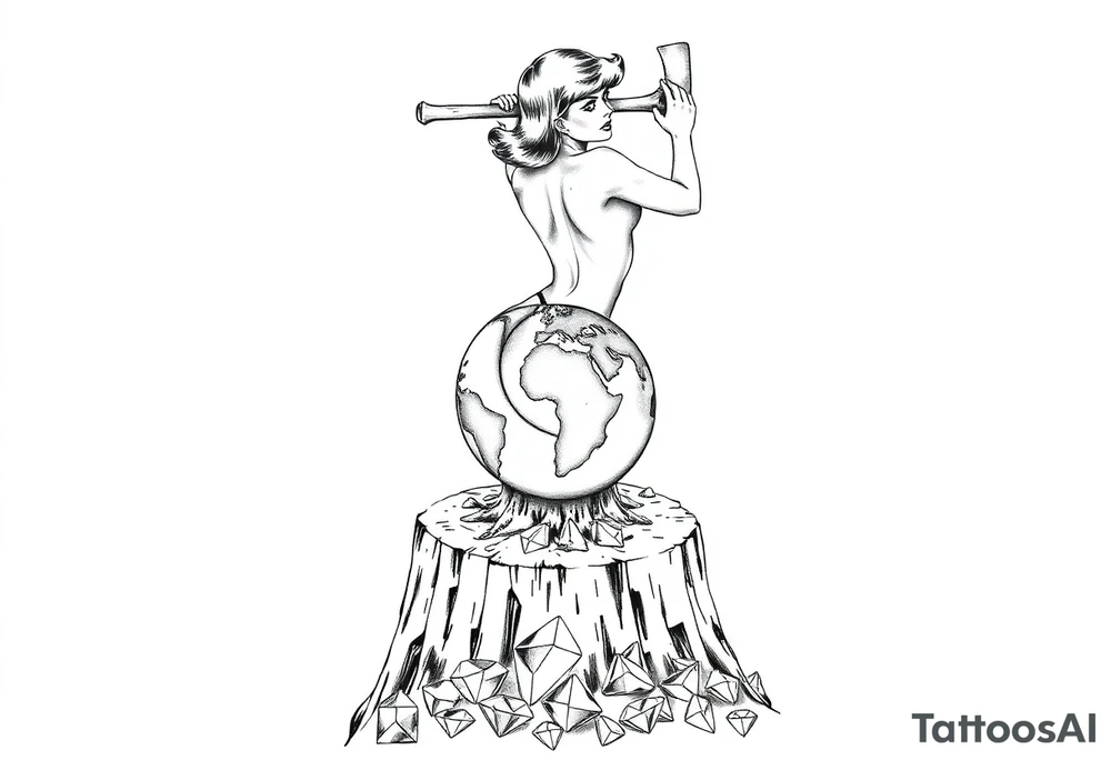 a pin up girl that is naked and has very large breasts wearing a g string thong. the pin up girl is swinging an ax onto a earth globe. the earth globe is half the diameter of the top of the tree stump, the earth globe is located on top of a tree stump, there is a pile of diamonds below the tree stump. the idea is that this pin up girl if very attractive. the idea is that this pin up girl crushing a small version of the earth and creating a diamond with the pressure. tattoo idea
