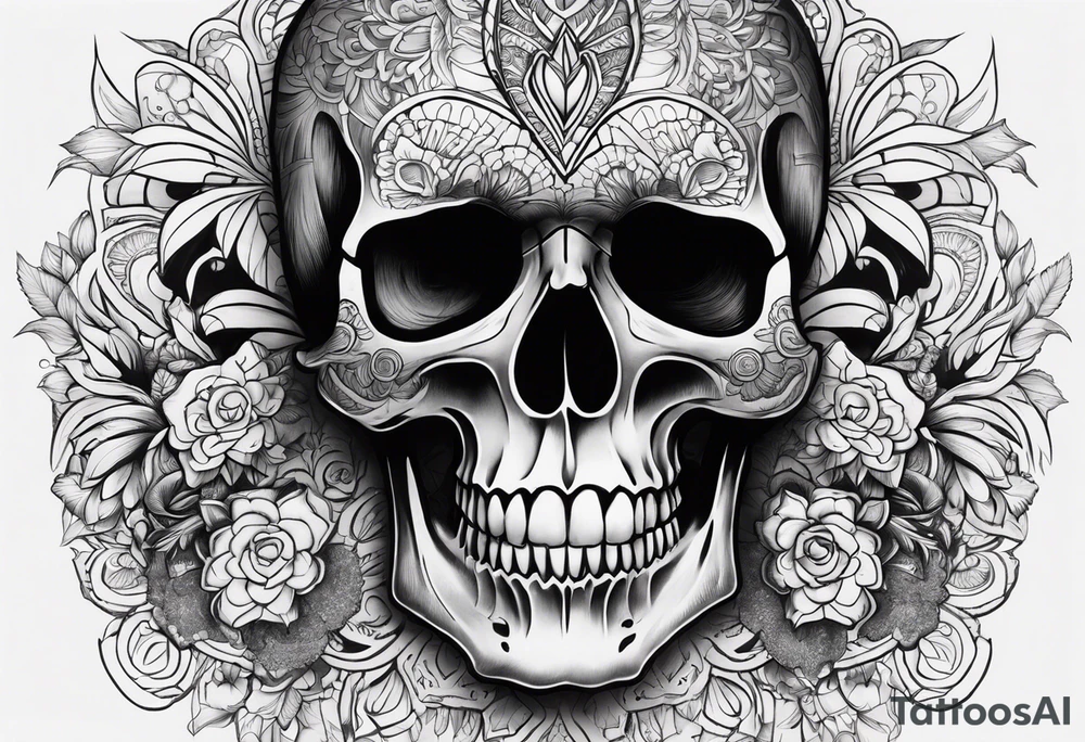 Draw me a realistic skull with big smoke out of his mouth add some flowers underneath with some mandalas Down under it tattoo idea
