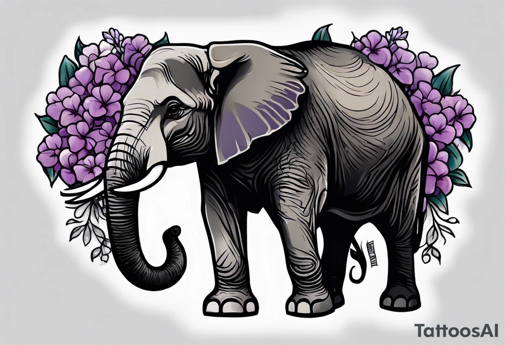 Seated elephant with raised trunk holding lilacs tattoo idea