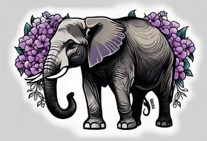 Seated elephant with raised trunk holding lilacs tattoo idea