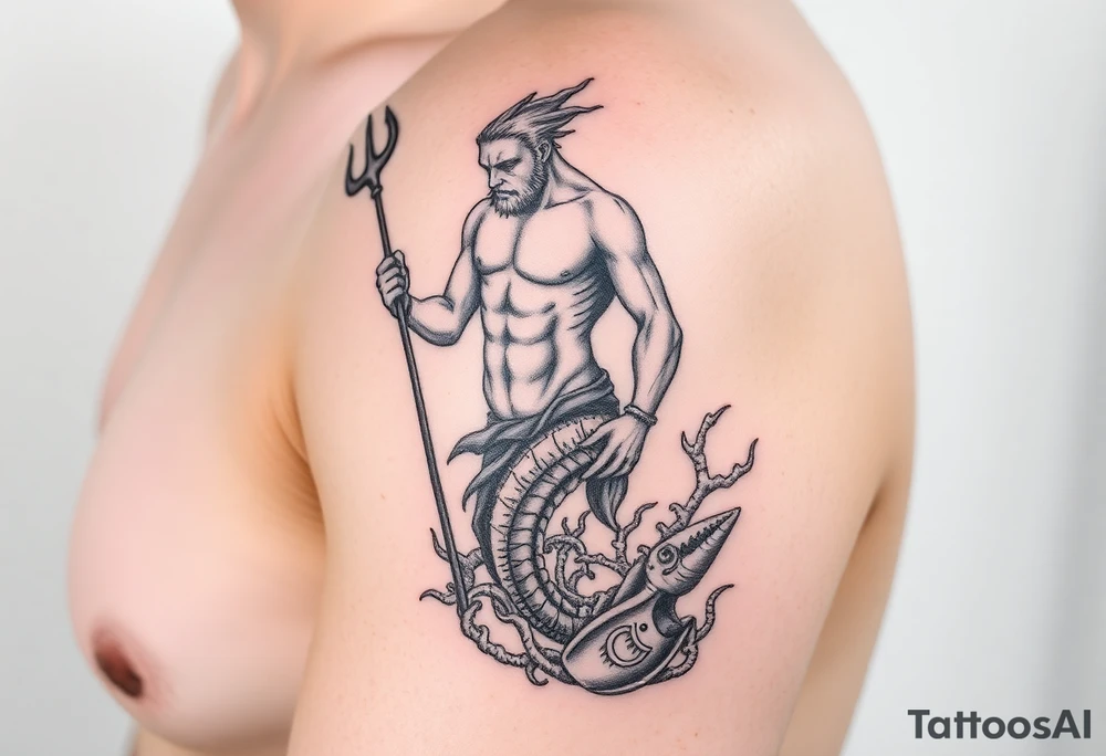Arm tattoo with a young poseidon showing torso with the trident and lower down sea creatures swirling around him tattoo idea